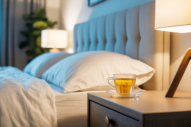 Peaceful bedroom with tea, representing good sleep, sleep quality, and healthy bedtime habits in Malaysia.